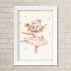 Quadro Infantil A4 Menina - Ursinha Bailarina e Corações Rosa