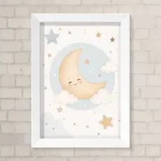 Quadro Infantil A4 - Lua, Estrelas e Nuvens Quartinho infantil Menina ou Menino