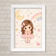Quadro Decorativo Infantil - Menina, Estrelas e Arco-Íris