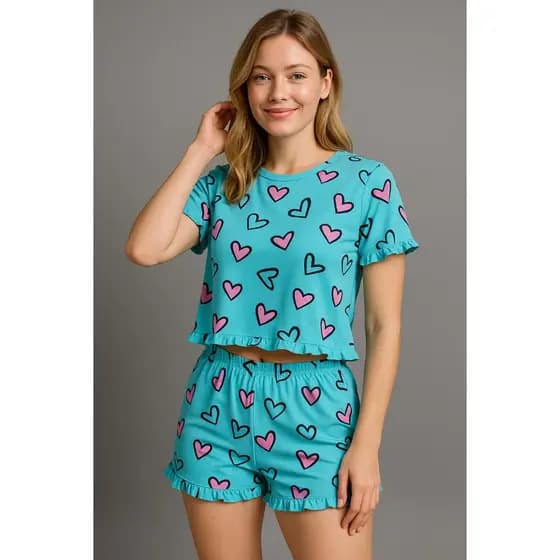 Pijama Feminino Manga Curta Com Babado Estampado Baby Doll Conjunto mulher Manga curta e Short
