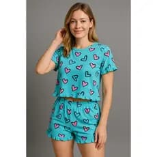 Pijama Feminino Manga Curta Com Babado Estampado Baby Doll Conjunto mulher Manga curta e Short