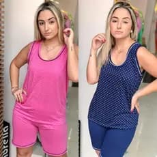 Pijama Regata Blusa De Poa Com Bordado Short Liso Baby doll Feminino de Verão Conjunto de Dormir
