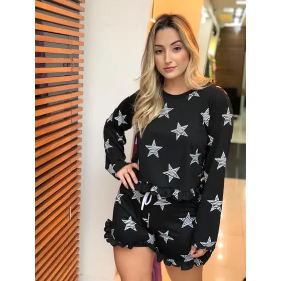 Pijama Feminino blusa Manga Comprida e short Estampado