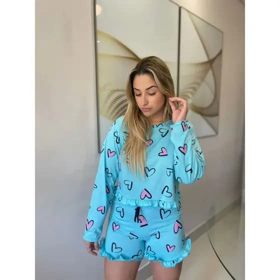 Conjunto Pijama Feminino Manga Comprida e Short Estampado