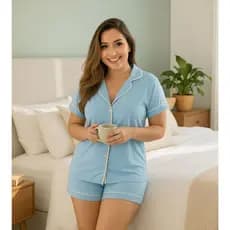 Pijama Feminino De Verão Americano com Gola Manga Curta e Short Conjunto de Dormir