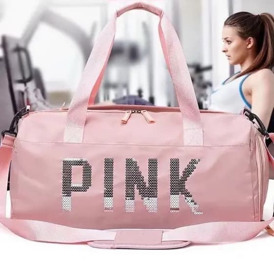 Bolsa-Mala De Viagem Ou Treino Impermeável, Multiuso com o nome PINK em lantejolas