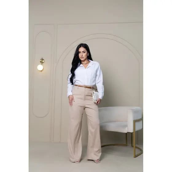 calça feminino pantalona social em linho cintura alta C-linho