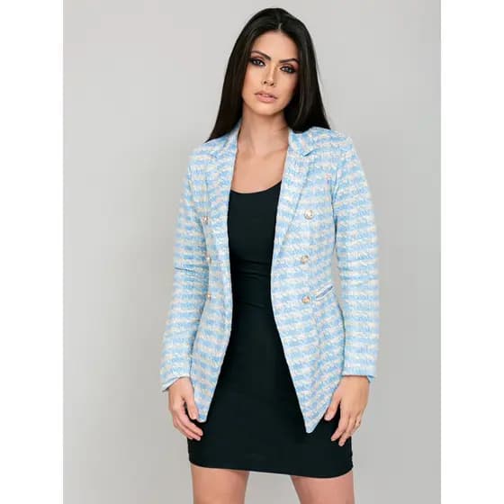 Blazer tweed feminino risco de giz alongada com forro e botões