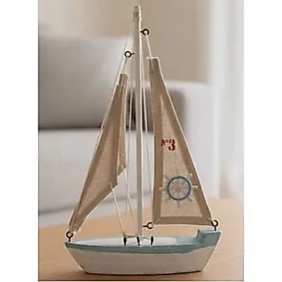 Barco Veleiro Decorativo Náutico Miniatura Praia Mar Casa Sala Escritório Enfeite Azul e Branco Home