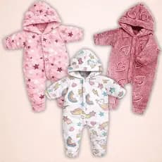 Kit 3 Peças Macacão Bebe Inverno Microfibra Com Capuz Menina