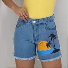 Short Feminino Jeans Estampado Ilha Cintura Alta Verão Praia Conforto