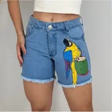 Short Jeans Feminino Desenho Arara Cintura Alta Estampa Casual Conforto