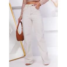 Calça Feminina Wide Leg Pantalona Cintura Alta Bege Conforto Casual Elegante Tendência