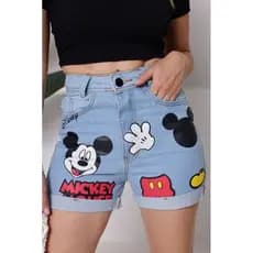 Short Feminino Mom Jeans Estampa Desenho Animado Casual Conforto Moda Criativa Estilosa