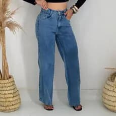 Calça Feminina Jeans Wide Leg Pantalona Lisa Cintura Alta Tendência Casual Confortável Estilosa