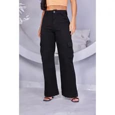 Calça Feminina Preta Cargo Wide Leg Jeans Casual Tendência Conforto