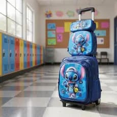 Mochila De Rodinha Infantil Escolar Estojo Lancheira Termica Lilo Stich Carrinho