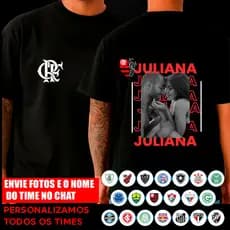 Camiseta Time do Coração Personalizada Casal Foto Nome Preta Presente Namorados