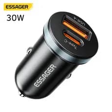 Carregador Veicular Essager Cinzeiro Carro Turbo 30W 54W Duas Entradas USB-A e Tipo-C Rápido