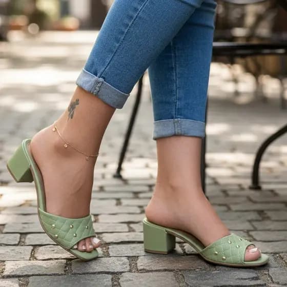 Tamanco Feminino Casual Saltinho Bloco Detalhe Bordado Spaik Sandália Macia Elegante