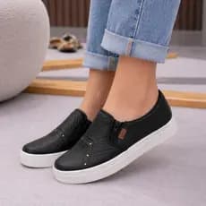 Tênis Feminino Slip On Bordado Com Ziper Lateral Iate Calce Facil Confortável Macio Casual Moderno Sapatilha Sapatenis