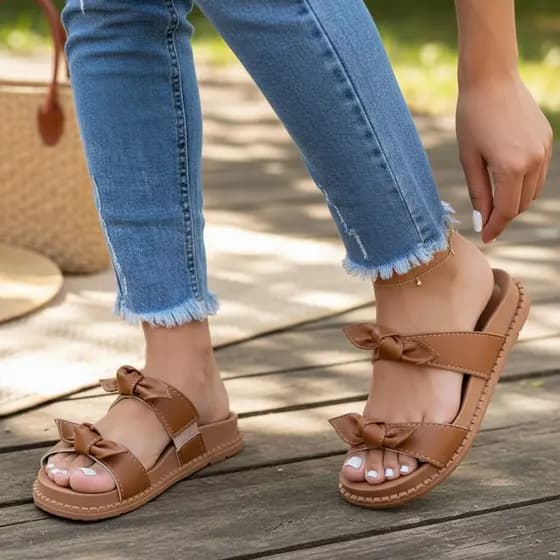Sandália Feminina Papete Casual Birken Com 2 Laço Confortável Macia Moderna Ajuste Elástico Blogueira Lançamento