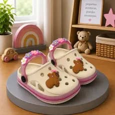 Babuche Fachetado Glitter Sandália Infantil Menina Injetado Macio Personagem Capivara Flores Delicado Moderno Tratorado