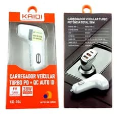 Carregador Veicular Turbo 38W Kaidi KD-304 PD+QC Auto ID 3 Entradas 2 USB +1 Tipo C Anatel