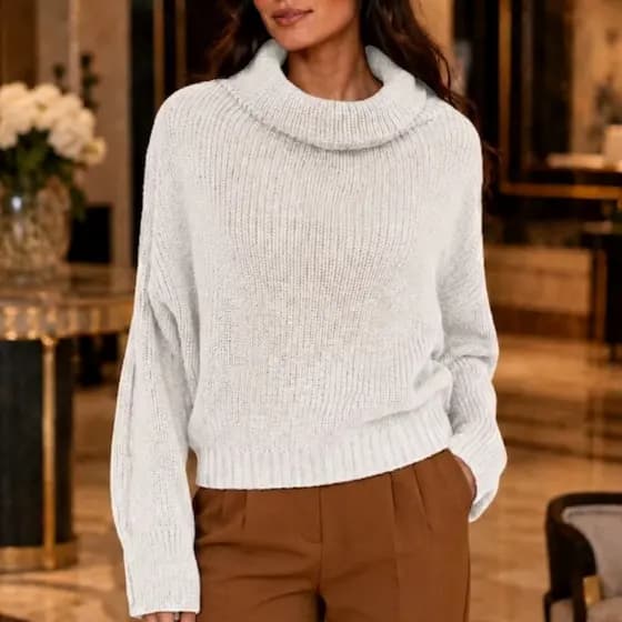 Blusa Tricô Gola Boba Feminina Suéter Manga Longa Bufante Outono Inverno Confortável