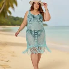 Saída de Praia Crochê Elegante Rendada Franja Plus Size Tricot Feminina Verão Chic | 38 ao 46