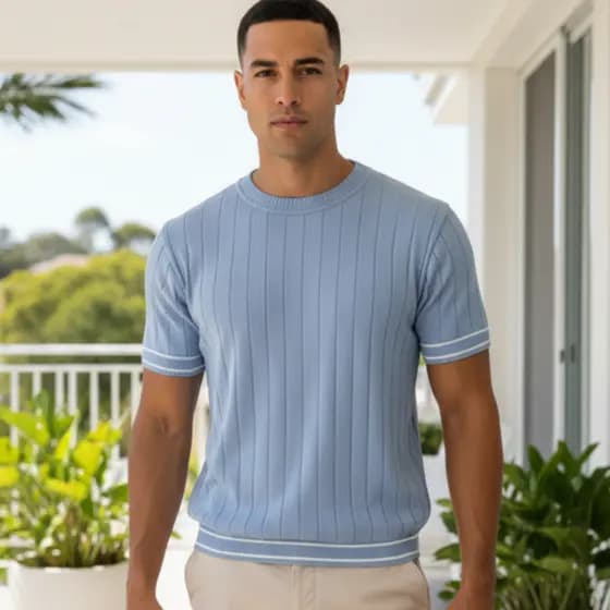Camiseta Masculina Malha Tricot Lisa Manga Curta Gola Redonda Slim Fit Verão Chique leve Elegante