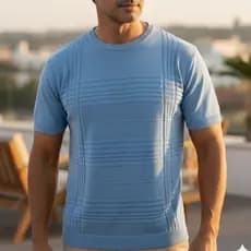 Camisa Masculina Tricot Malha Lisa Manga Curta Gola Redonda Verão Chique leve Elegante Social Festas
