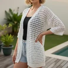 Kimono Feminino Cardigan Rendado Vazado Leve Moderno Básico Elegante Casual Verão Chique