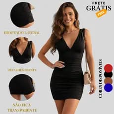 Vestido Femino Curto Decote V Costas Nuas Abertas Drapeado na Lateral Modelo Gringa Justo ao Corpo