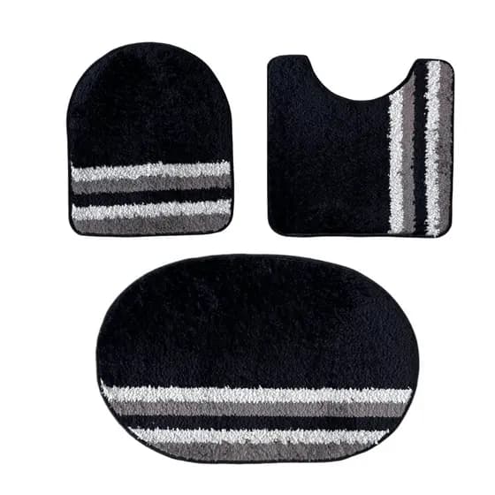 Conjunto Tapete de Banheiro Kit 3 Peças Jogo Antiderrapante Cor Neutra Preto com Listras Alvinegro