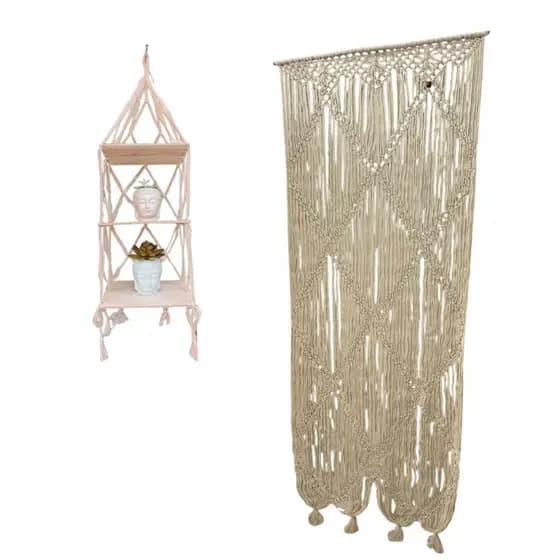 Jogo Decorativo Rustico Kit 2 Peças em Macrame Cortina Porta e Prateleira Com Divisorias