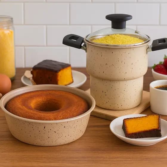 Kit café da manhã forma assadeira bolo redondo e cuscuzeira nordestina a vapor tampa de vidro