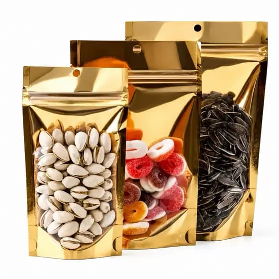 Saco Stand Up Pouch Dourado Brilhante C/ Visor Transparente Ziplock Hermético 50un