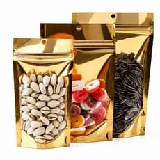 Saco Stand Up Pouch Zip Dourado Brilhante Hermético Impermeável C/ Visor Transparente com 50 unidades