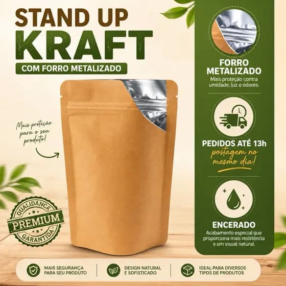 Saco Stand Up Pouch 10x15 Kraft Forro Metalizado Fecho Zip Alimentos Grãos 50un