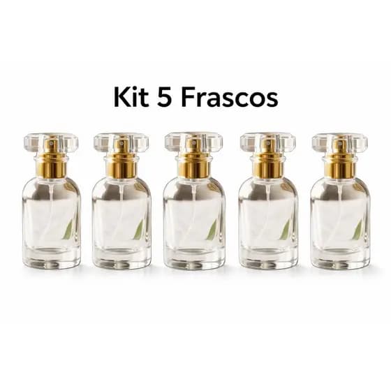 Kit 5 Frascos Vidro Spray Elegante Luxo Transparente Porta Perfume Tampa Dourada Essências Viagem 30ml