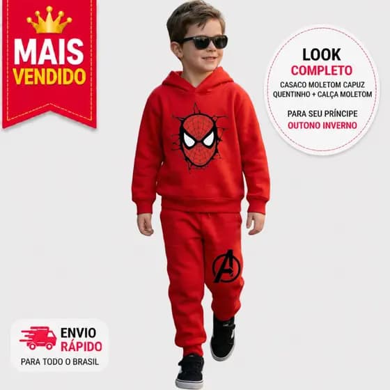 Conjunto Moletom Infantil Menino Estilo Homem Aranha Super Herói Quentinho Inverno 1 a 10 Anos