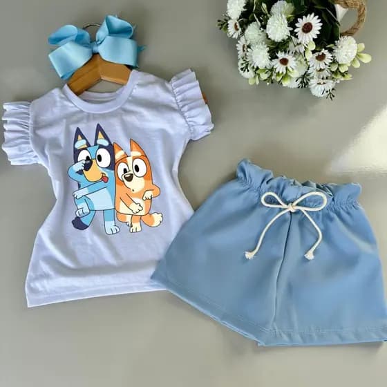 Conjunto Menina amigos Caretas  Verão  Diversão e Bons Ensinamentos Short azul blusa branca