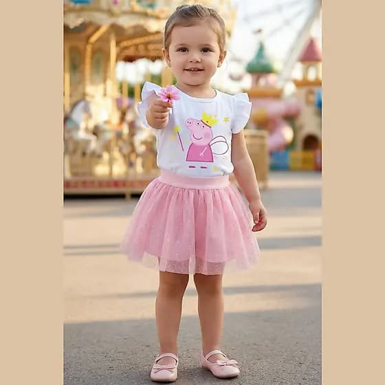 ✨🐷 Conjunto Menina Peppa Fadinha estrelado 💖 Blusa Branca Fofa + Short Saia em Tule Rosa bebe | Roupa Infantil Delicada