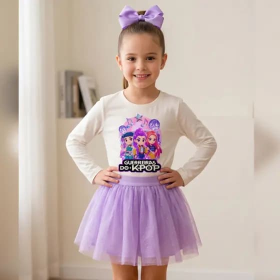 Conjunto Infantil Menina Kpop guerreiras 1 a 10 anos Blusa Manga Short Saia Tule Roupa Infantil Meia estação fashion
