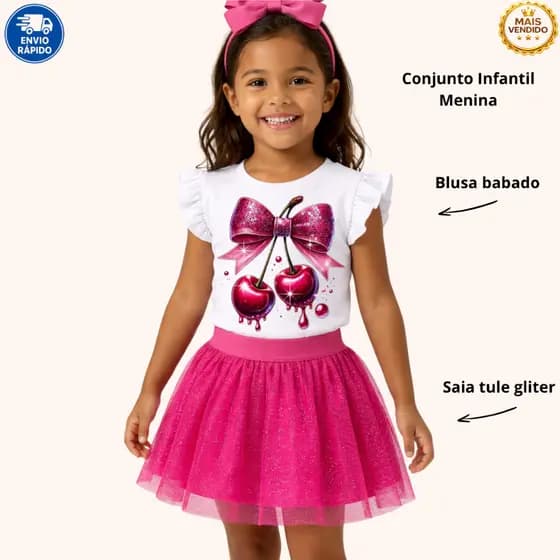 🍒🎀 Conjunto Infantil Menina Estampa Laço com Cerejas Brilhantes ✨ Saia em Tule Rosa Delicada rosa pink Blusa Branca