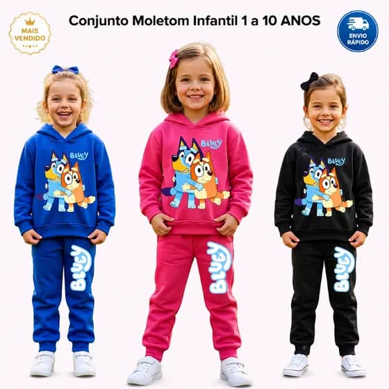Conjunto Infantil Moletom Menina Cachorrinho Cartoon Azul Com Capuz Roupa Infantil Inverno Quentinho 1 a 10 Anos
