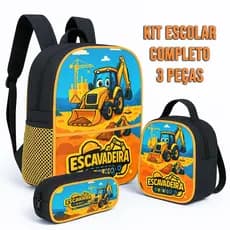 Kit Infantil Escolar Escavadeira –Lancheira Térmica  Mochila Escolar Infantil Menino Estojo Simples