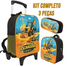 Kit Escolar de Rodinha Pequena Menino Escavadeira Obra Tratorzinho Mochila Estojo 1 Zíper Lancheira Térmica
