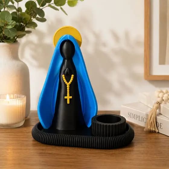 Kit Nossa Senhora Decorativo com Bandeja e Castiçal Porta Vela de led Presente Religioso